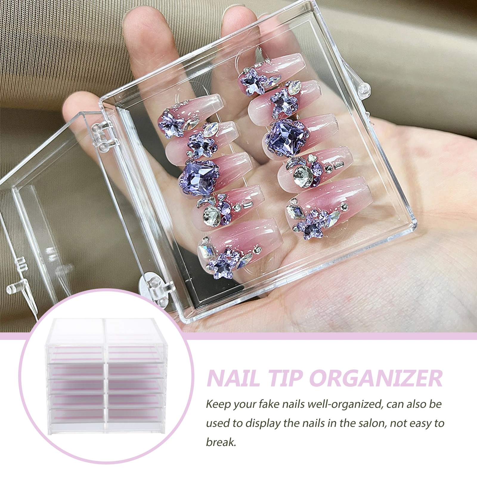 

10-Layer Acrylic Tips Organizer Box Transparent False Nail Storage Case For Manicure Art Salon Use Nail Art Storage Box
