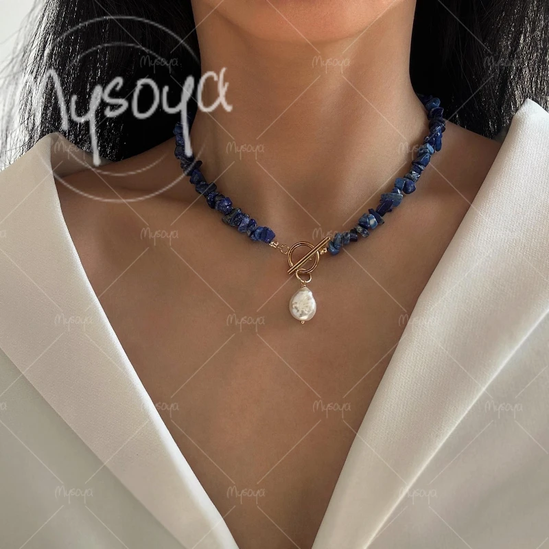 

MYSOYA 10-12mm Natural Lapis Lazuli & Baroque Pearl Necklace,Suitable for Birthday/Wedding/Mother's Day/ Father's Day Gift A0972