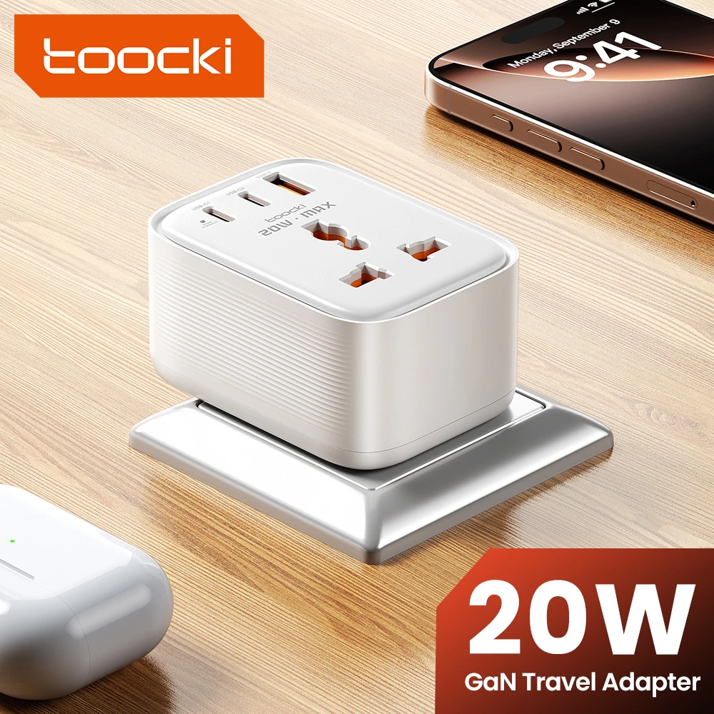 Toocki 20W GaN Reiseadapter 4-in-1 Schnellladung USB C Ladegerät Universal AC Steckdose USB Ladegerät Multi Steckdose US UK DE IN Stecker