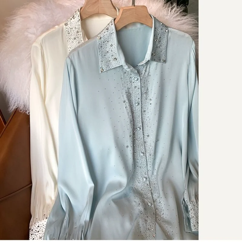 Spring Fall Lapel Stars Rhinestone Satin Shirts Solid Color Faux Silk Diamonds Blouse Long Sleeve Turn Down Collar Blusas Mujer