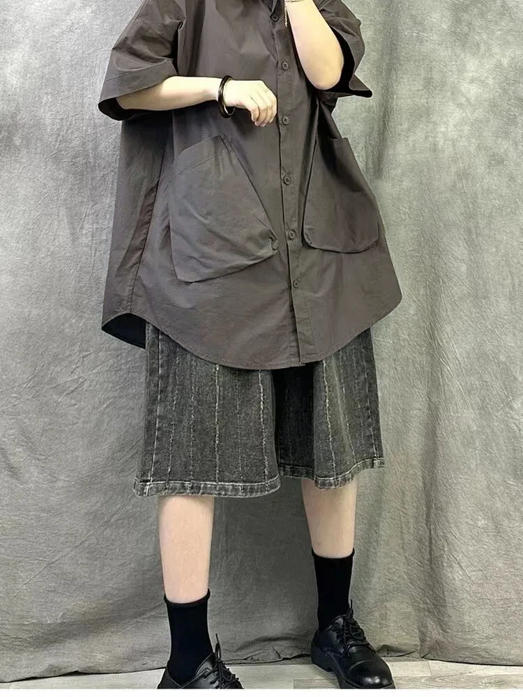 Amax LuluE 韓国夏の女性のファッションビッグサイズシャツレディースクラシックヴィンテージブラウスルーズカジュアルロングトップス Soild 綿の服