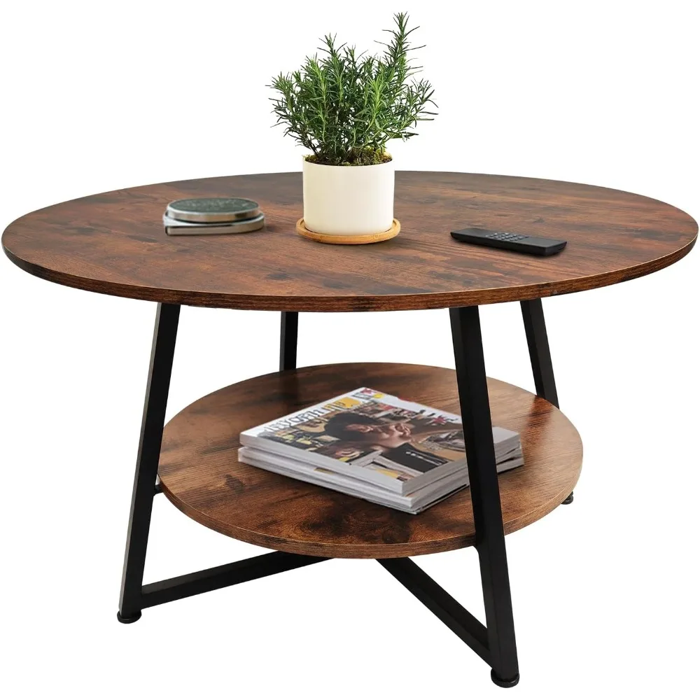 

Двухуровневый круглый журнальный столик в деревенском стиле с местом для хранения вещей для гостиной, акцентный центральный стол с черными металлическими ножками