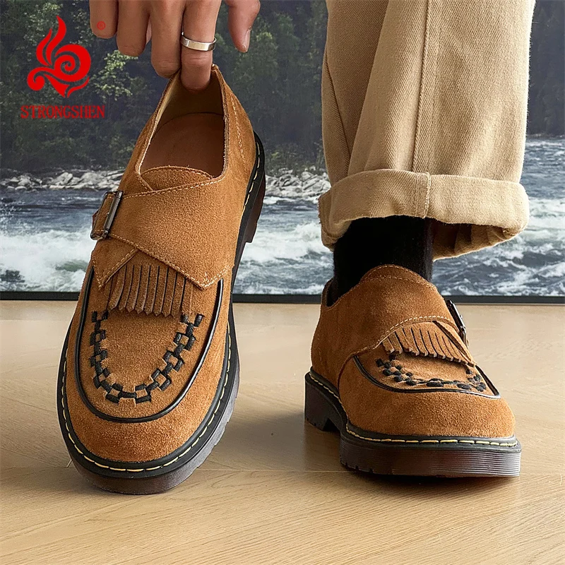 STRONGSHEN Men Retro Suede Leather Shoes Tassel Lightweight Flats Loafers Casual Shoes Thick Platform Luxury Fashion Formal Shoe