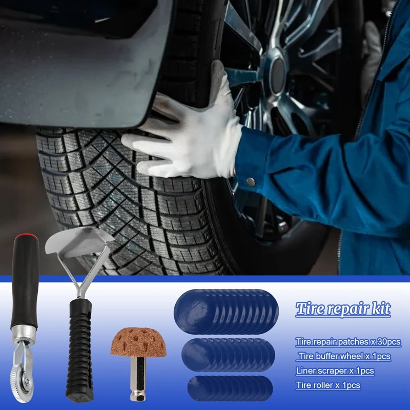 Tire Patch Roller Kit, Tire Patch Roller/Tire Repair Buffing Wheel/Tire Inner Liner Scraper/ 30PCS Patches(32/ 42/ 58Mm)