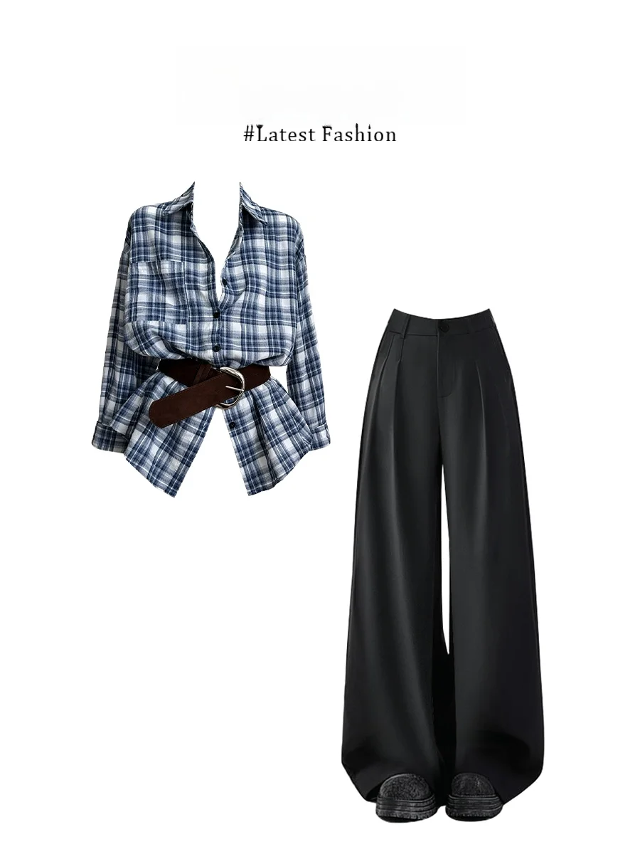 

Комплект Parkyeon: Рубашка в американском ретро-стиле в клетку и прямые брюки с высокой талией для женщин – элегантный повседневный комплект для стройности, женская мода Ense...