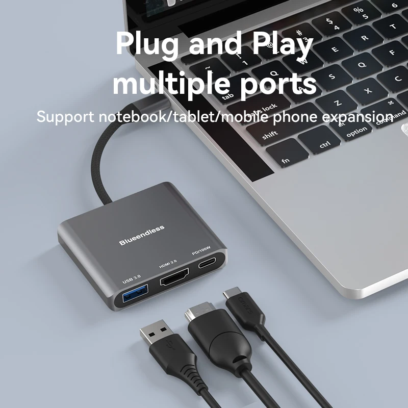 Blueendless Splitter 3 Port USB C HUB to Multi USB 3.0 HDMI 2.0 PD/100W Adapter For Laptop connected to TV/Monitor/Projector