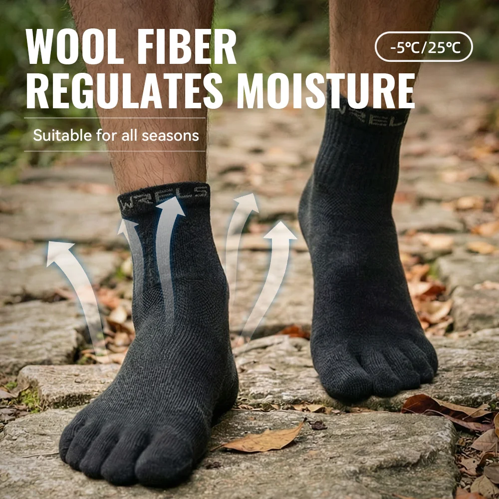 WRELS 1/2/3Pairs Merino Wool Five Finger Socks Running Toe Socks for Men Women Breathable Quick Dry Cushion Athletic Hikin Socks