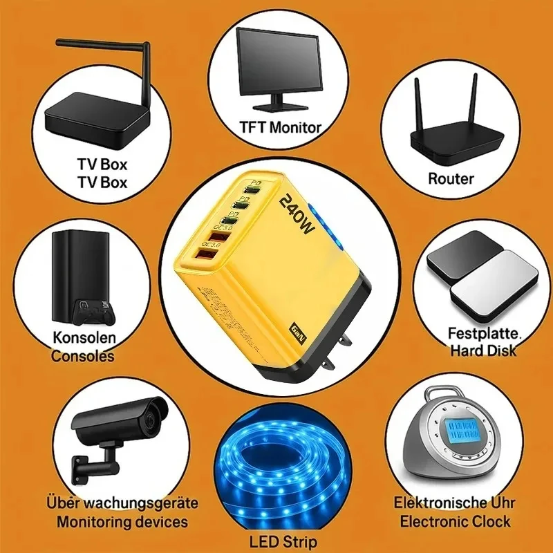 GaN PD 240W 5 Ports Intelligent Fast Charging Head 5 IN 1 3 TYPE-C + 2 USB With LED Light Wall Phone Charger Adapte EU/US Plug - náhled 5