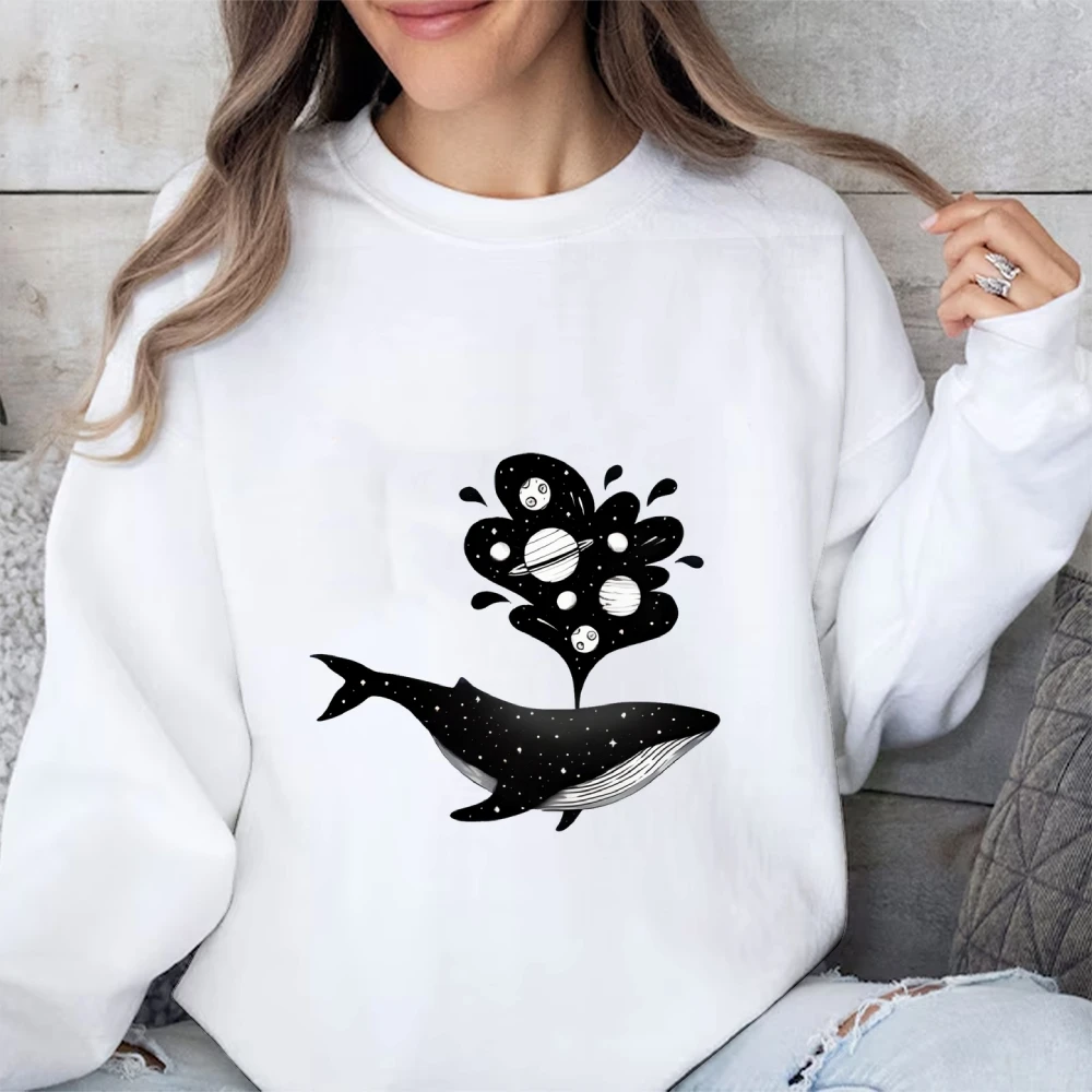 Whale Galaxy Sweatshirt Celestial Print Autumn Winter Casual Loose Long Sleeved Relaxing Mystic Cool Comfortable Cloth Tops