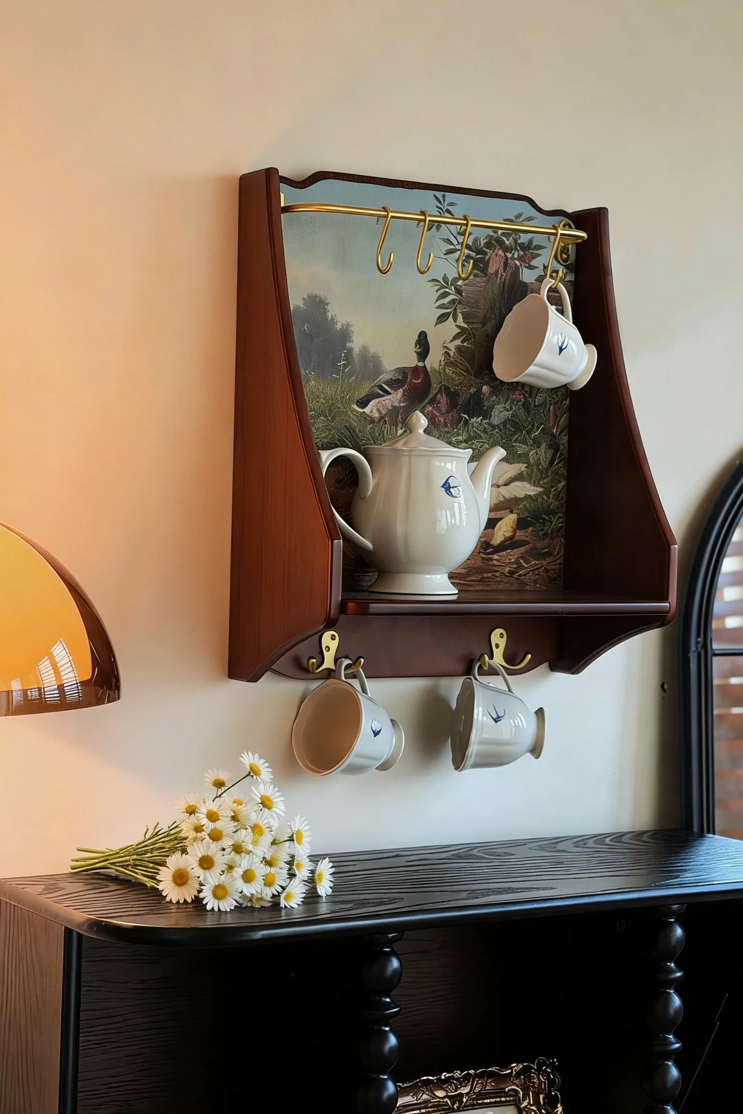 Medieval style, multi-functional French retro solid wood wall rack, storage wall cabinet brass hook, cup holder hanging cabinet
