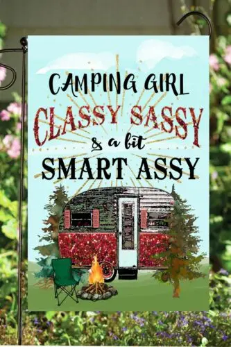 Classy Sassy Camping Girl Garden Flag  ~   Double Sided Soft Flag