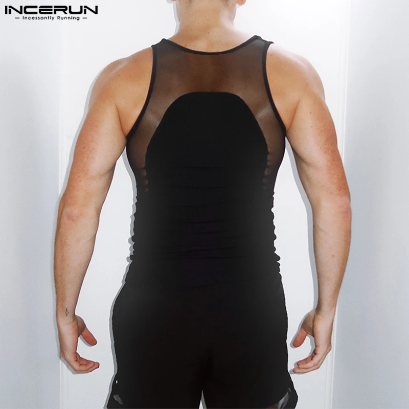 INCERUN hommes ensembles maille Patchwork col rond sans manches débardeurs et shorts deux pièces ensembles voir à travers Streetwear mode hommes costumes