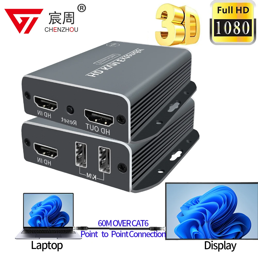 1080P HD USB Extender over single Rj45 Cat5e/6 cable 60M HDMI Ethernet Extender Video Extension Transmission for TV PC Laptop HD