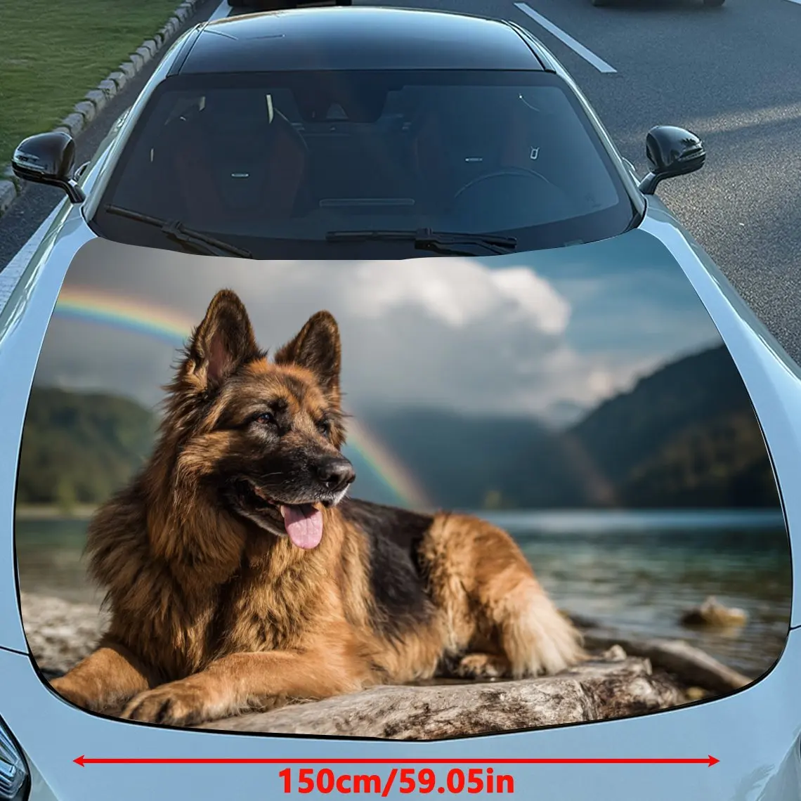 ملصقات سيارة راعي ألماني واقعي يسكع بحيرة مع ملصق غطاء محرك السيارة بخلفية قوس قزح وجبال، مقاوم للماء