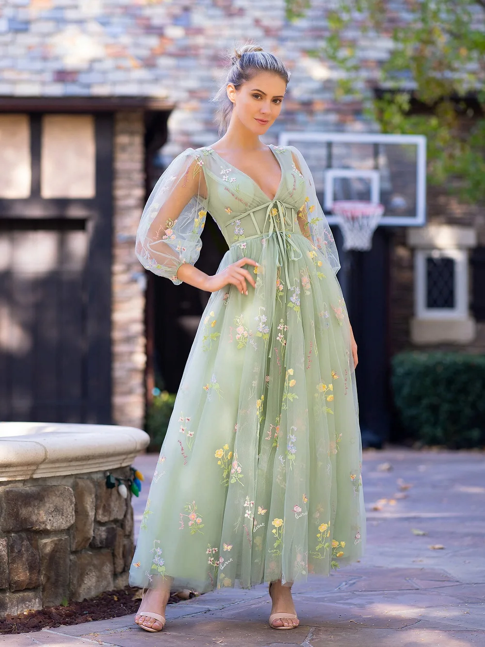 Sweetheart Embroidery Prom Dress Women A Line Tea-Length Green Tulle Puff Sleeves Floral Corset Midi Formal Evening Party Gowns