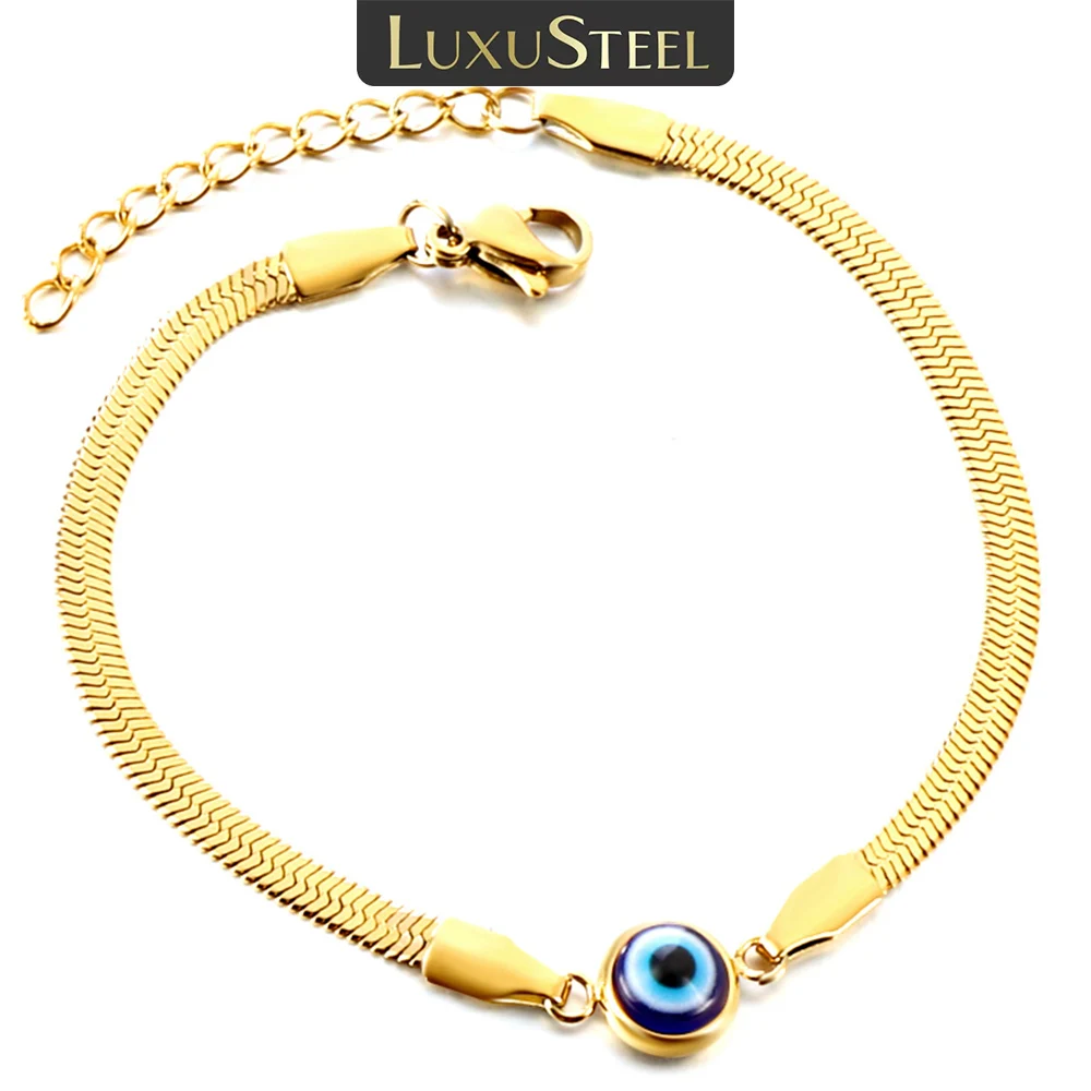 LUXUSTEEL New Stainless Steel Blue Evil Eye Charm Bracelet For Women Girls Rustproof Snake Chain Bangle Fashion Wrist Jewelry