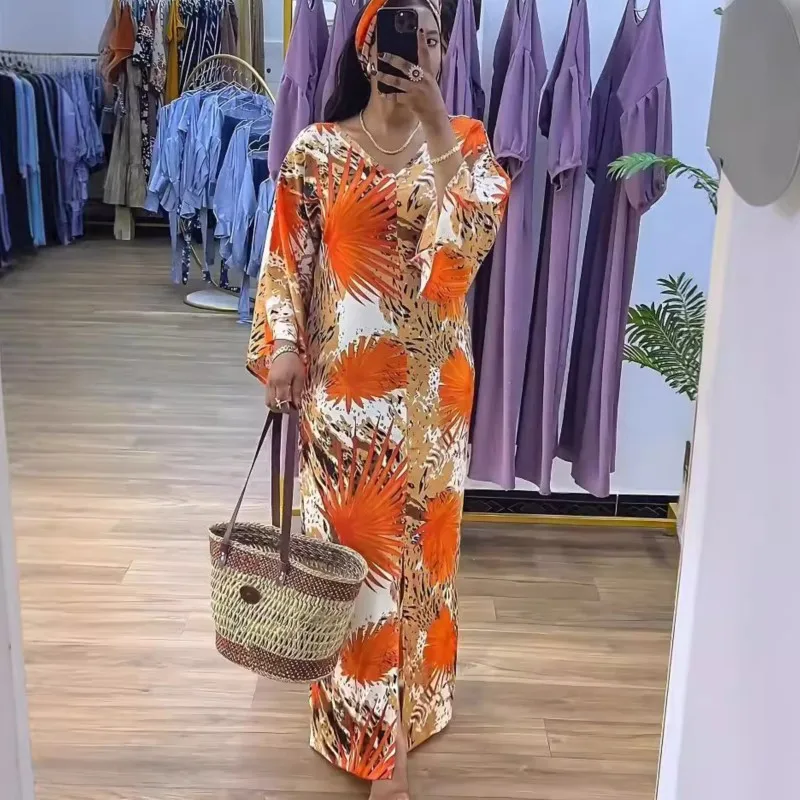 Women\'s Spring Autumn Boho Maxi Dress Fashion Print V-neck Long-sleeve Slit Casual Beach Vacation Dresses For Women Robe Femme