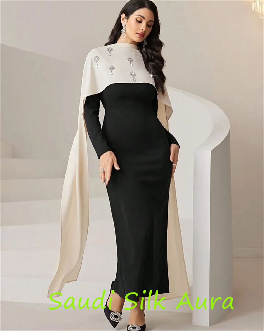 فستان سهرة فاخر من الجيرسيه باللون الأسود مخصص رائع بياقة عالية وأكمام طويلة للحفلات عالي الجودة مستقيم Pr #5