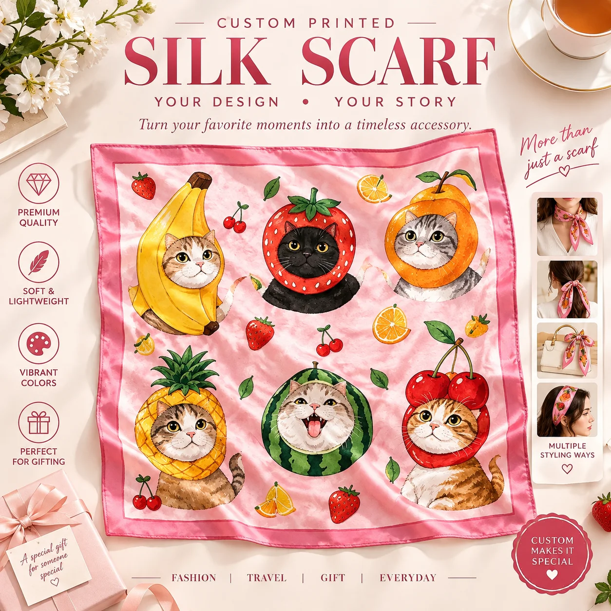 Custom Silk Scarf Cute Cat Fruit Print Personalized Neck Hair Scarf Fashion Accessory Gift for Women Birthday Gift Wholesale