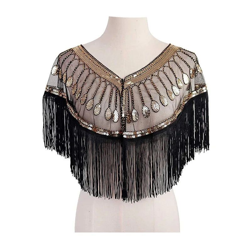 

New Women's 1920s Mesh Sequin Wedding Cape Evening Shawl Wrap Roaring 20's Beaded Cape Fringed Gatsby Flapper Dress Accessories