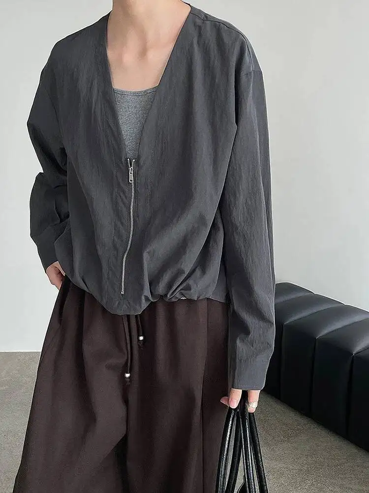 

Brief Women Gray Thin Big Size Elegant Blouse New V-neck Long Sleeve Shirt Fashion Spring Autumn 2026 Y2D6