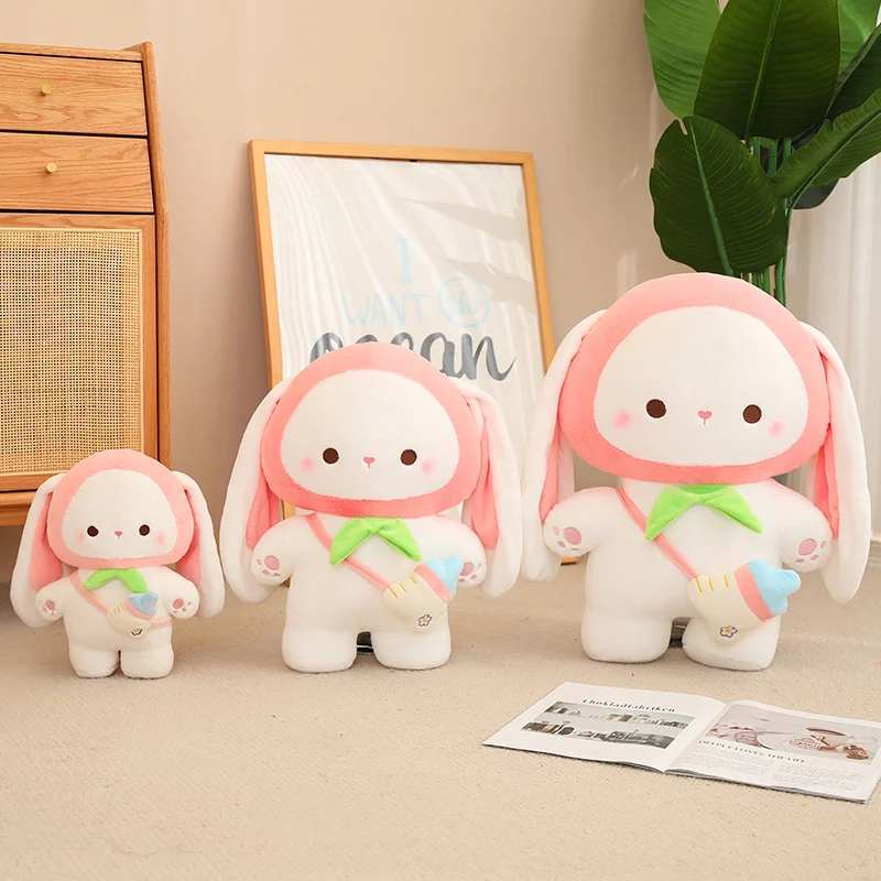 Kawaii Pink Fruit Rabbit Plush Toy Cute Soft Stuffed Animals Bunny Carrying Milk Bottle Bag Plushies Doll Cartoon Pillow for Kid