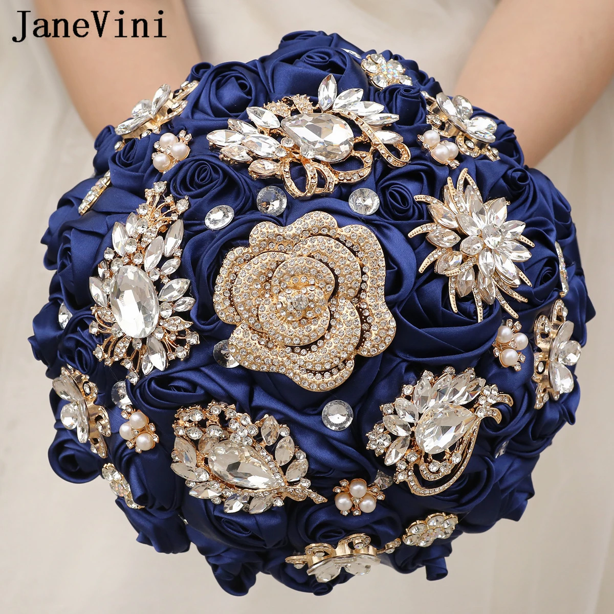 JaneVini Sparkly Gold Jewelry Bride Wedding Bouquet Mariee Navy Blue Luxury Crystal Rhinestone Bridal Bouquet Flowers Wedding