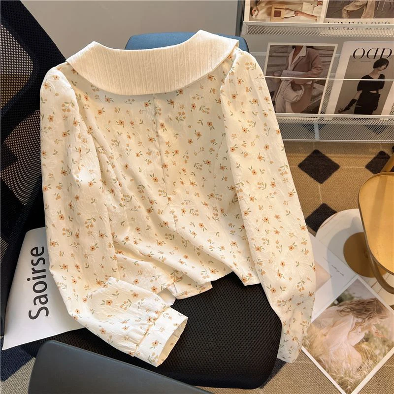 Floral Sweet Chiffon Shirt Women Fall Loose Casual Puff Long Sleeve Fashion Blouse French Kawaii Peter Pan Collar Chic New Tops