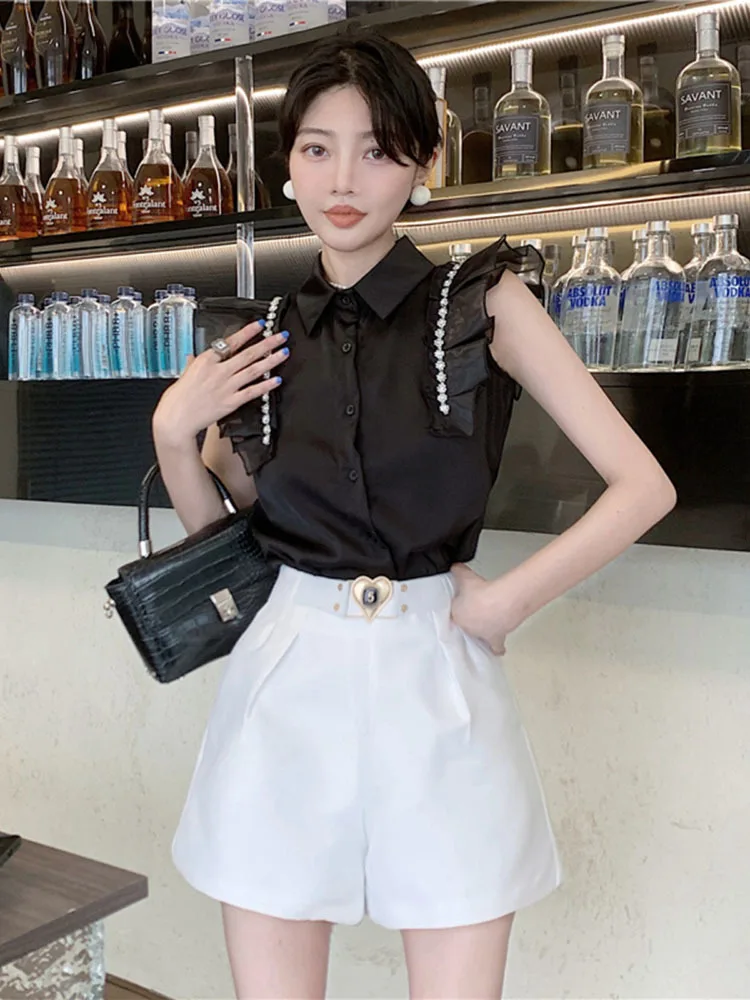 Summer French Ruffled Flying Sleeve Shirt Women\'s 2024 New White Polo Collar Nail Diamond Stitching Waisted Slim-Fit Sexy Top