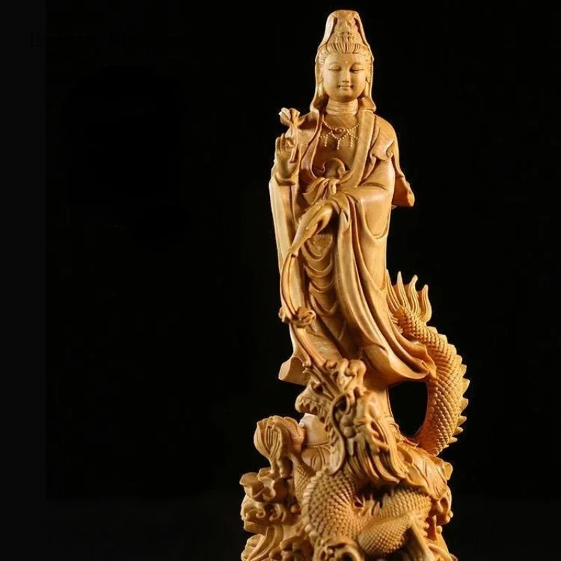 1 pc Solid wood carving Dragon Guanyin Desktop decoration living room Bookcase Crafts Daily gift giving   pray for blessings