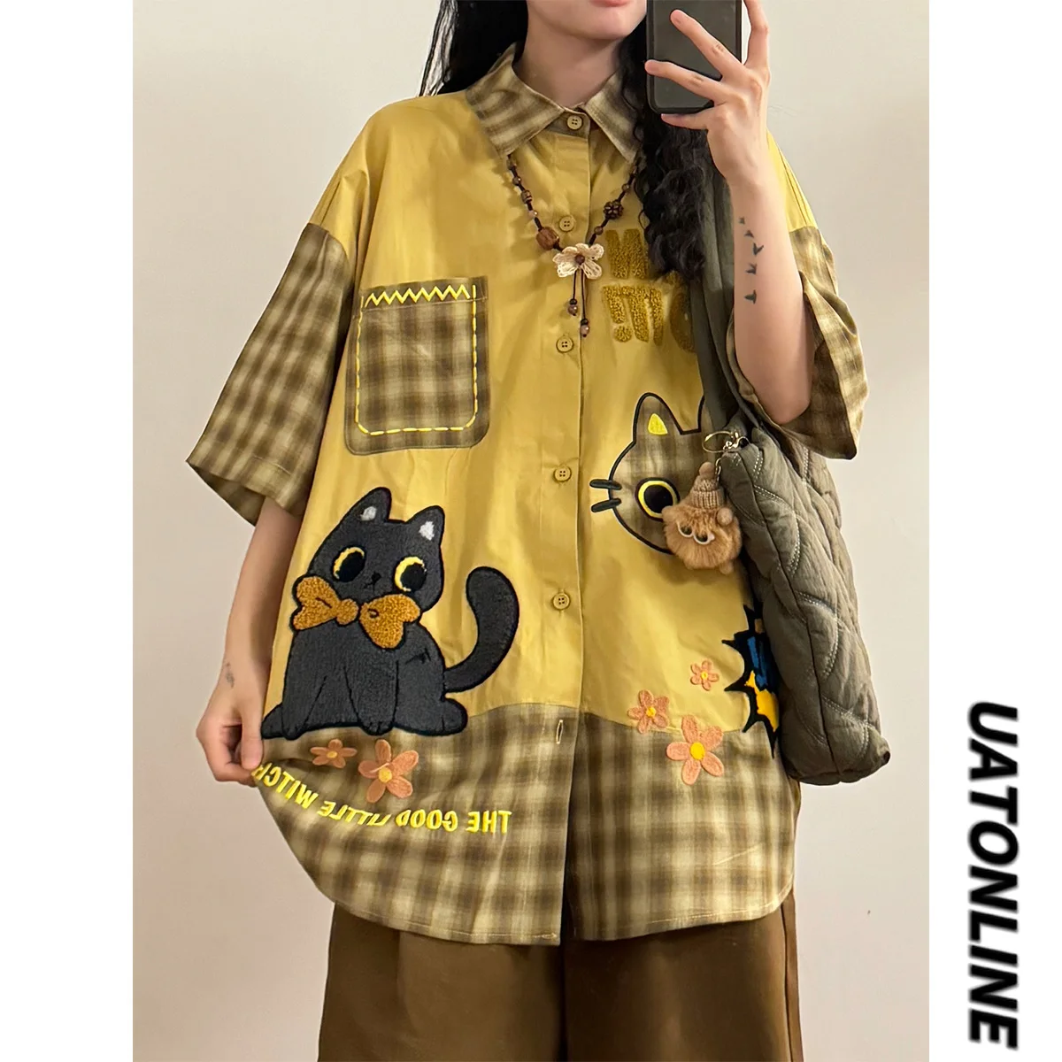 

UATONLINE Летняя женская рубашка в американском студенческом стиле с вышивкой, пэчворком и клетчатым узором, модная уличная одежда