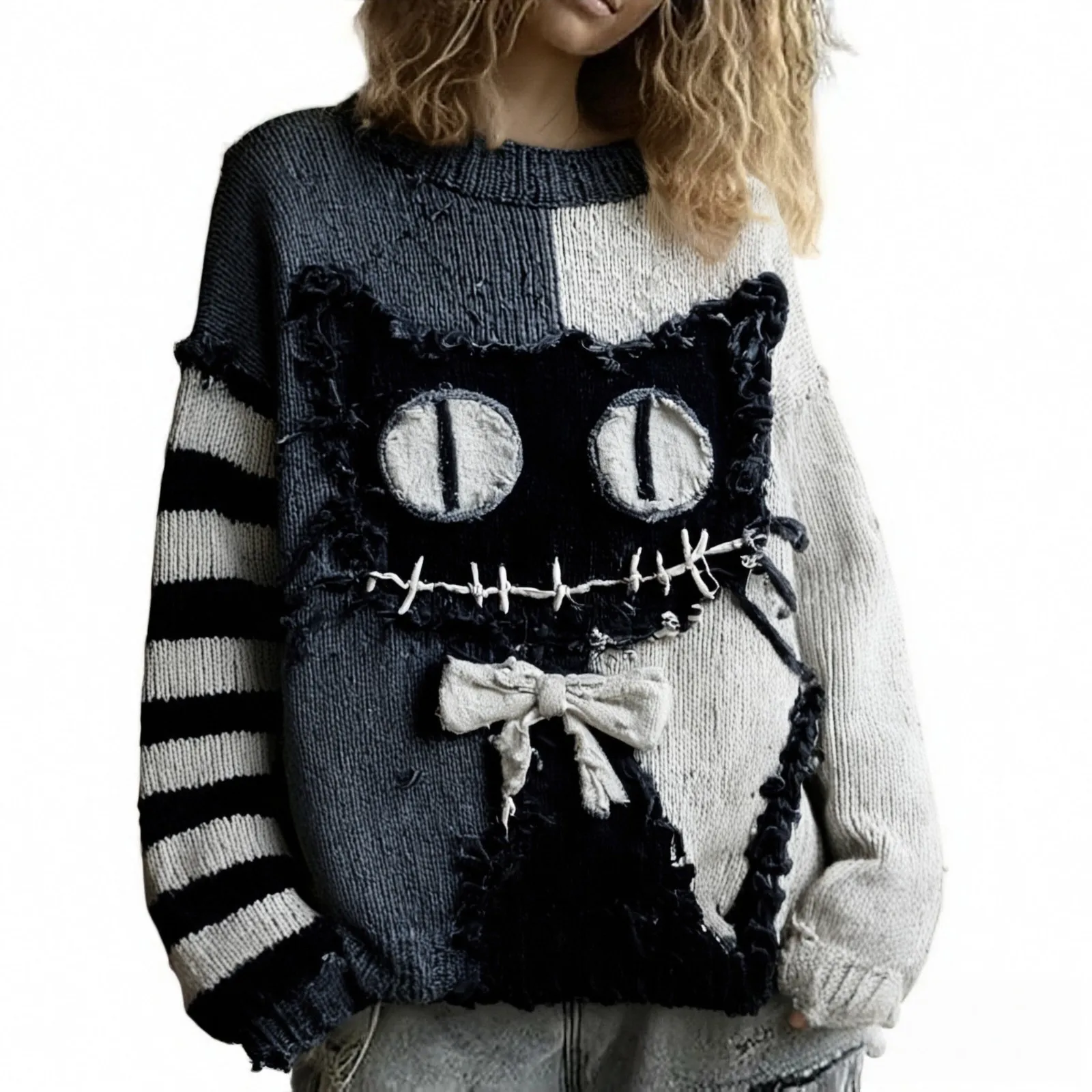 Nuovo maglione a maniche lunghe allentato da donna in stile europeo americano, pullover con scollo a O con stampa digitale dei cartoni animati, elegante e unico ​