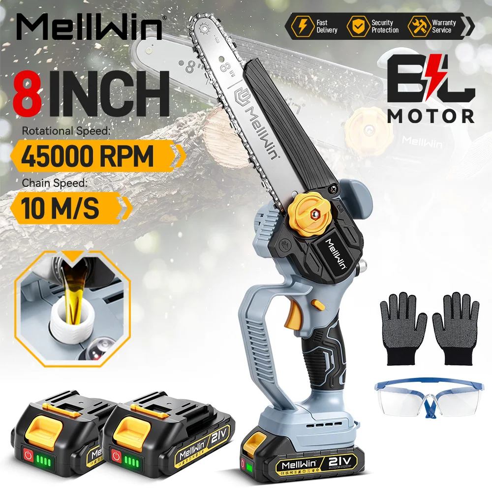 MELLWIN 8-Zoll Elektrische Kettensäge mit Automatischer Ölschmierung, Kabellose Garten-Holzschneide- und Beschneidungssäge für Makita 18V Akku