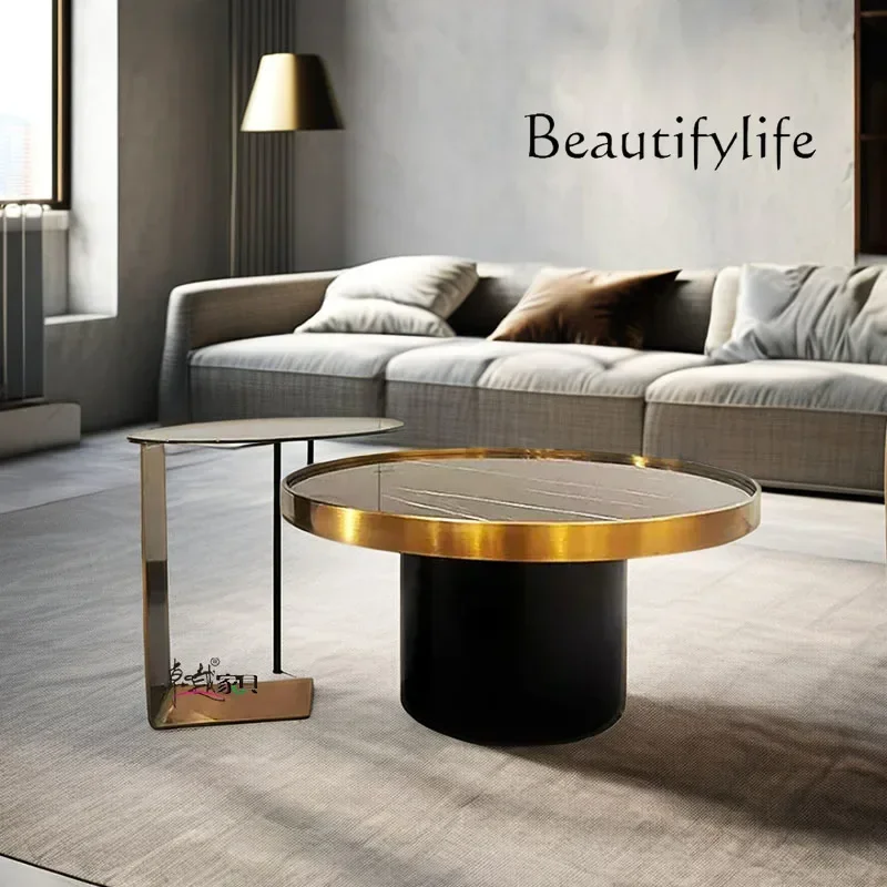 

Stainless steel round tea table combination living room tempered glass natural rock slab small coffee table light luxury modern