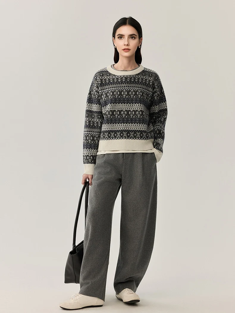 SuyaDream، سترة جاكار نسائية، صوف خروف 100%، رقبة دائرية، بلوفرات دافئة، بلوزة محبوكة لخريف وشتاء 2025، رمادي، بني