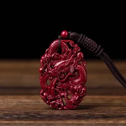 Fashion Cinnabar Jade Double sided carving Dragon Pendant Necklace Jewellery Chinese Healing Women Man Luck Gift Sweater Chain
