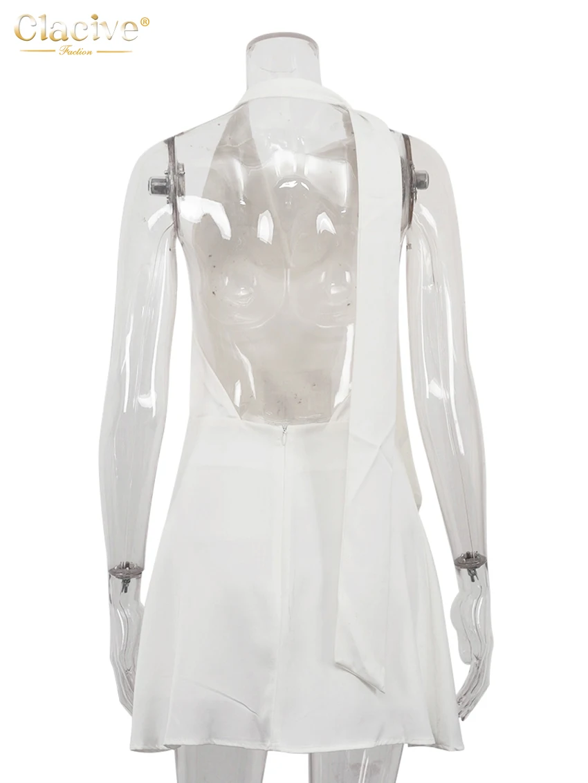 Clacive 여름 슬림 베이지 새틴 여성 드레스 섹시한 홀터넥 민소매 미니 드레스 우아한 레이스 업 높은 허리 백리스 여성 드레스