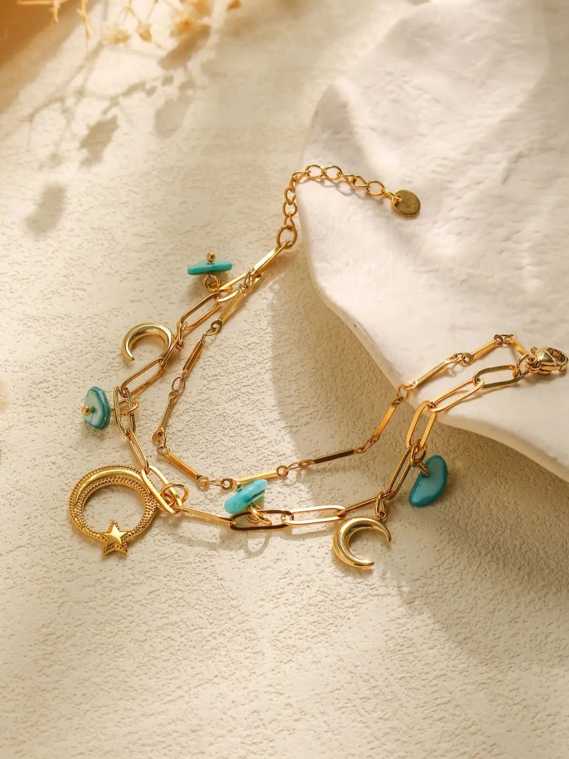 Fashionable trend design double layer natural stone moon sun starfish pendant bracelet women waterproof jewelry beach party gift