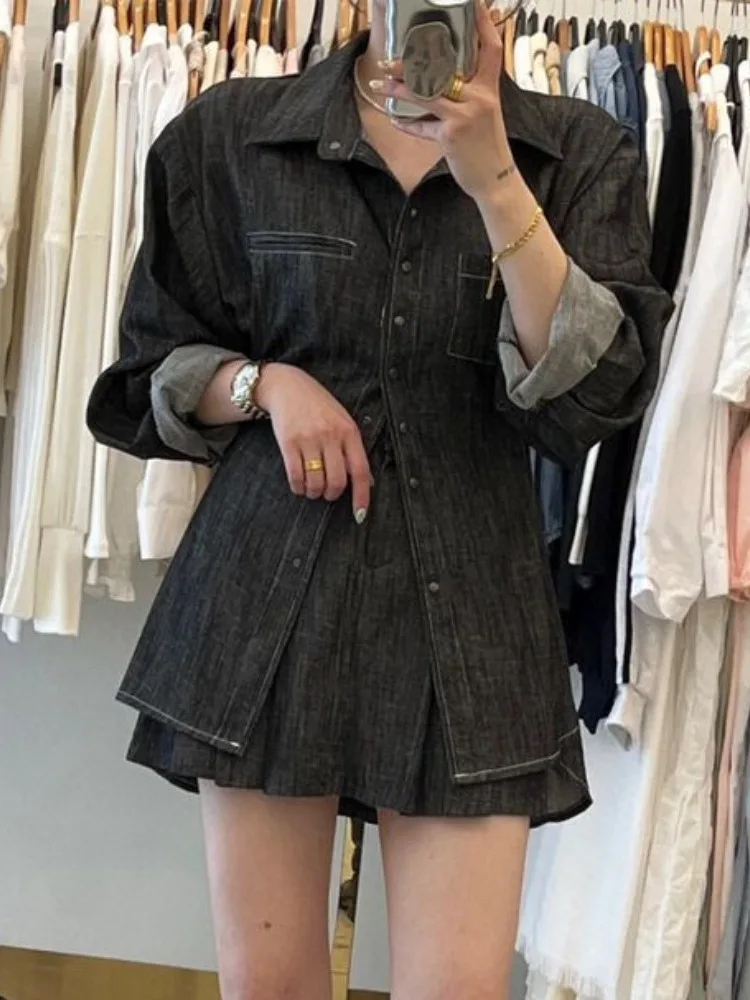 

Faionable Retro Collared Waist-Cinching irt Dr And Pleated Skirt Two-Piece Set Women's Korean Sle Casual Wear