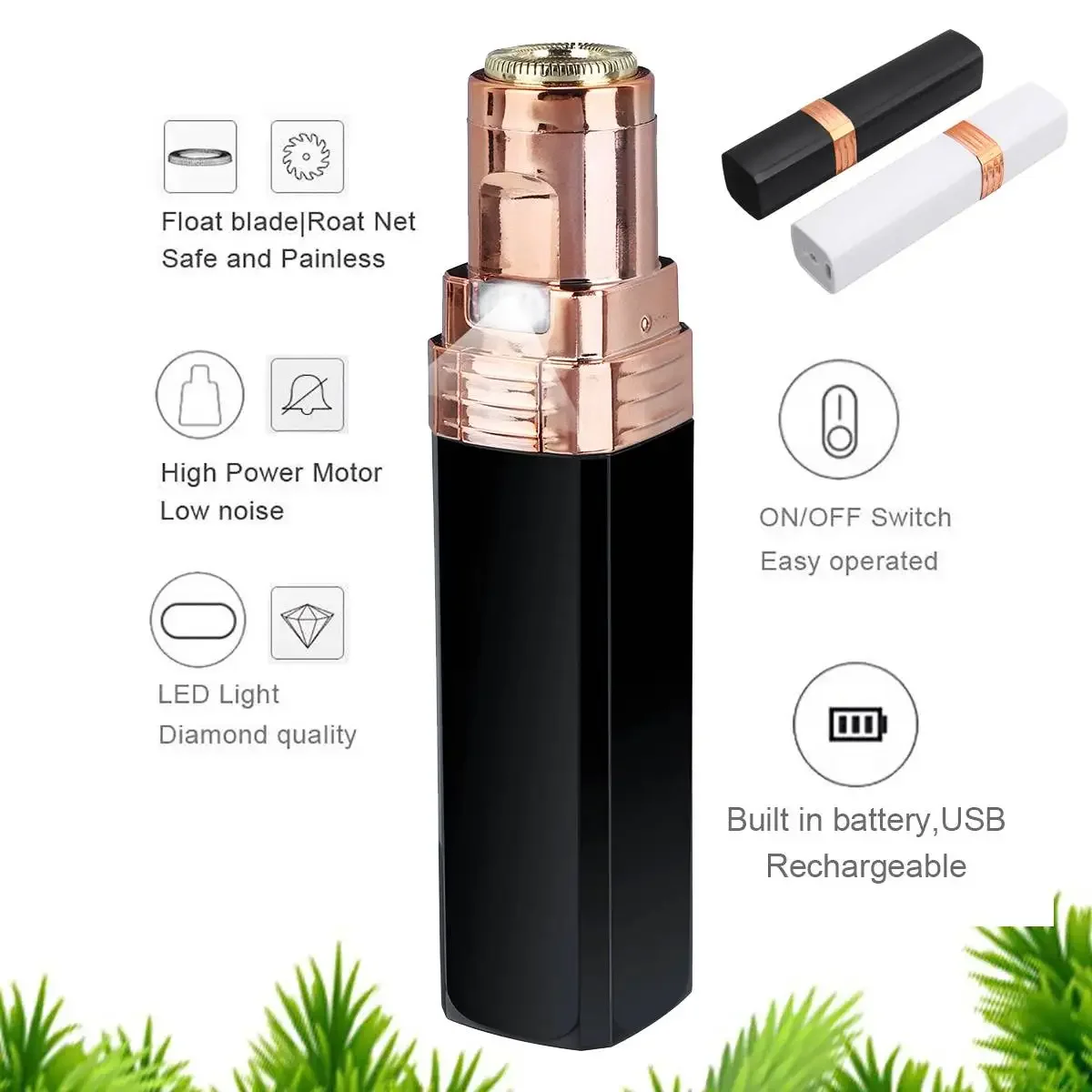 Depiladora eléctrica recargable por USB para mujeres, recortador de cejas faciales, removedor de vello, afeitadoras de luz LED, herramienta de eliminación de cara y cuerpo, 2 en 1