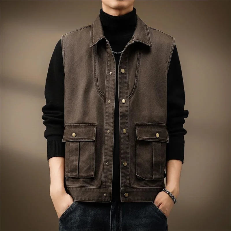 Retro American Heavyweight Workwear Vest Men's Outdoor Wear Resistant Fishing Sleeveless Shoulder Pad Jacket Casual Loose Fit