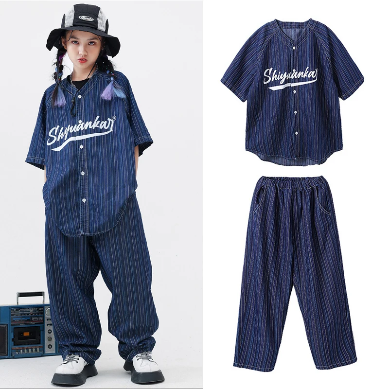 Modern Children Costume Hip Hop Clothes For Girls Denim Shirt Pants Boys Street Dance Jazz Performance Loose Stage Wear BL9853