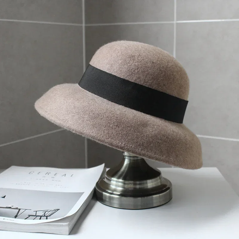 Crushable Dress Fedora Women Vintage Style Hat 100% Pure Wool Felt Hat Black Grey Wide Brim Fedora Hat with Simple Band