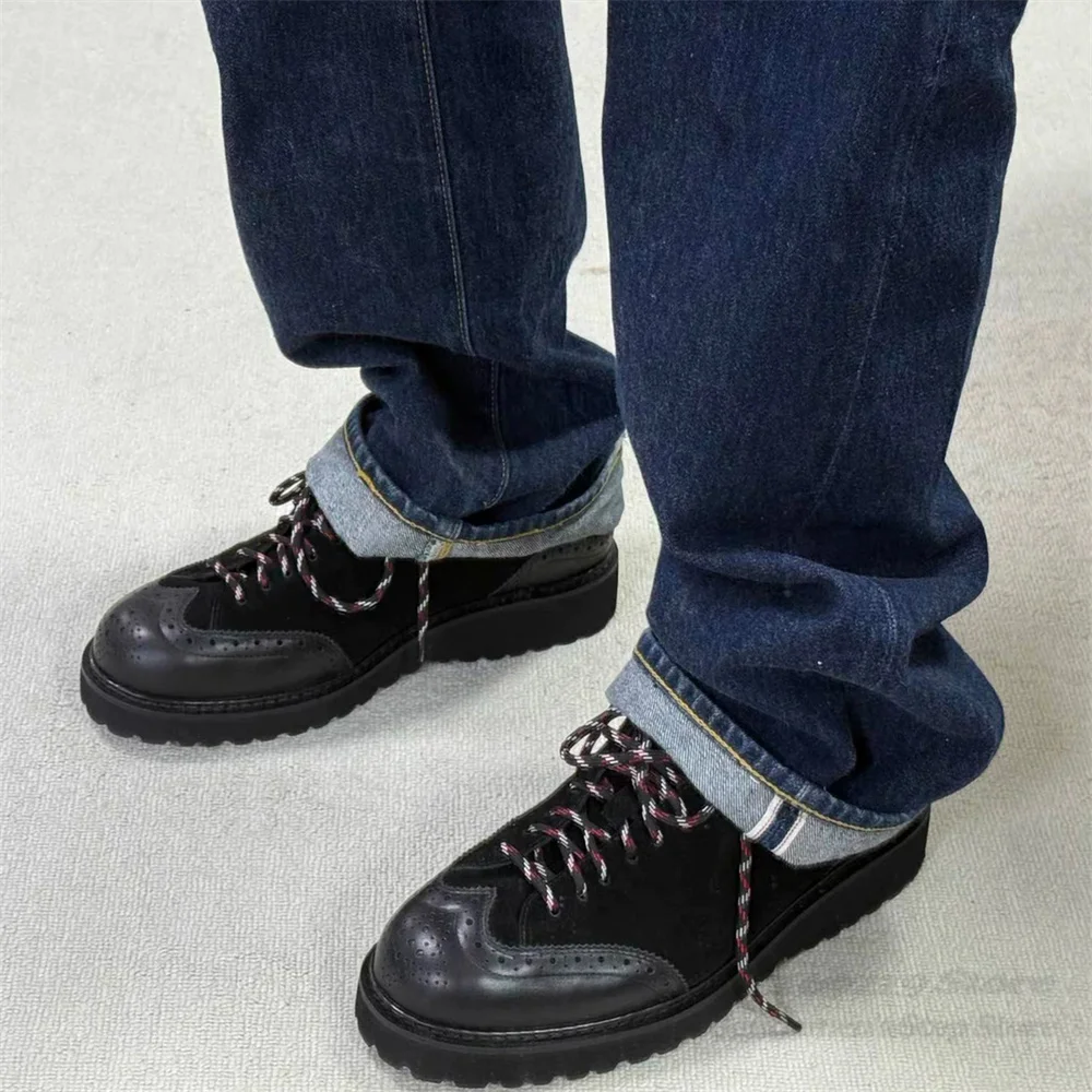 Suede Height Increasing Derby Leather Shoes Men Round Toe Retro Carved Commuting Thick Soled Lace Up Leather Casual Shoes