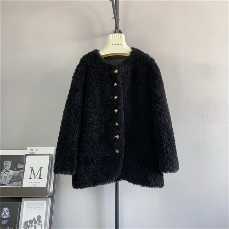 Women Real Lamb Hair Fur Coat Women Sheep Shearling Warm Mid-Length Round Neck Jacket  PT433