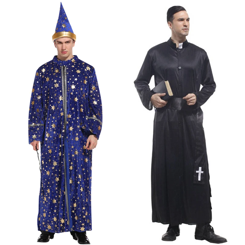 Blue Robe And Hat Star Moon Magic Magician Wizard Costume Cosplay Adult Role Playing Halloween Decoration Clothing