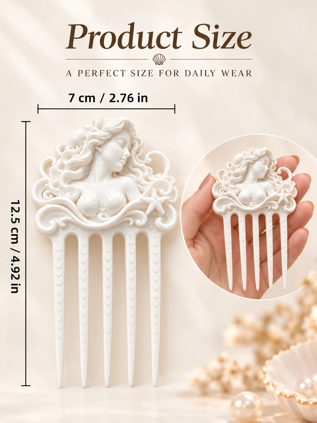 3D Printed White Mermaid Hairpin with Three-Dimensional Relief and Ocean-Themed Design, Compact and Exquisite, Five-Prong Design for Stable Updo Styling, Side Decoration Hair Comb, Suitable for Daily Commuting, Work, Students, and School Wear, Low-Key and Not Exaggerated, Easily Enhances Hair Style, Made of Lightweight White Pla Material, Easy to Wear, Suitable for Various Hair Colors and Styles, Daily Wear for Mermaid Enthusiasts, Versatile and Perfect Basic Hair Accessory view 4