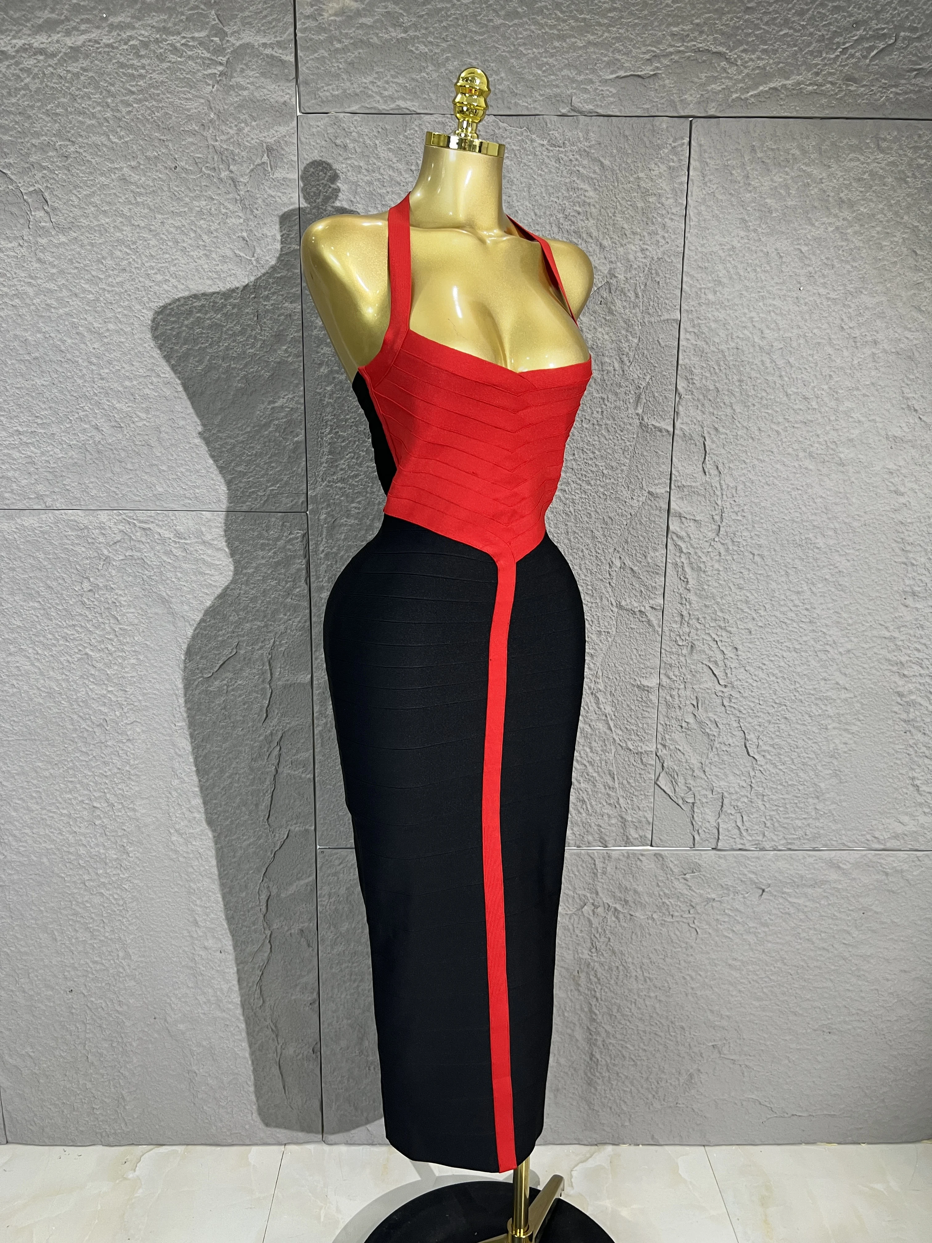 Women Sexy Two-color Block Bandage Midi DressSweetheart Neck Bodycon Pencil Dress ClubParty Evening Cocktail Dresses