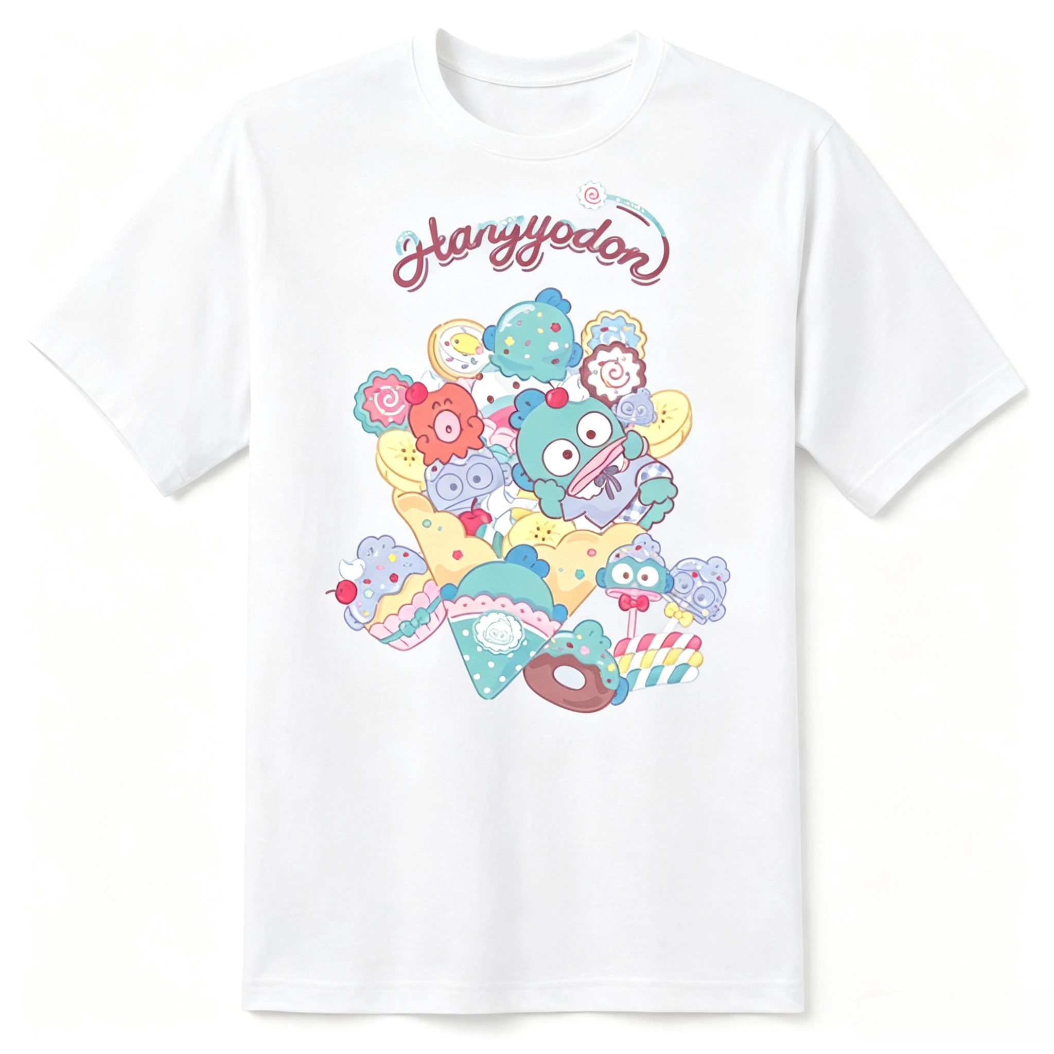 Hangyodon T Shirt Sanrio Cartoon Hangyodon Sweet Dessert Ice Cream Print Short Sleeve Cotton Casual Tees For Women Multiple
