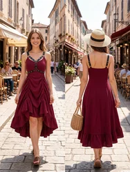 Deep Red High Low PU Strap Harnessed Dress 2026 Summer New Women Cinched Textured Asymmetric Cocktail Party Dresses Vestidos